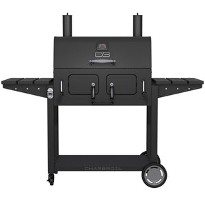Black Char-Broil charcoal grill with side shelves and thermometer.