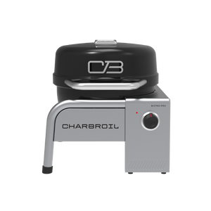 Front view of a Char-Broil Bistro Pro tabletop gas grill with a black lid and single control knob.