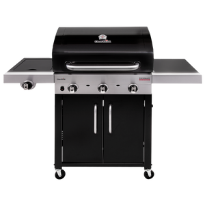 Char-Broil Performance Series 3-burner gas grill with side burner, stainless steel, closed storage, and easy-grip handles.