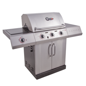 Stainless steel Char-Broil gas grill with three burners, side burner, control knobs, and storage cabinet.