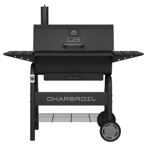 Black Char-Broil electric grill with charcoal mode and temperature gauge.