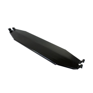 Black plastic mudguard for bicycles, elongated shape with clip-on ends for easy attachment.