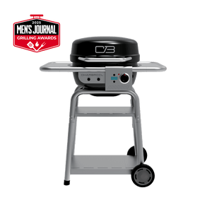 Black Char-Broil electric grill with control panel and wheels.