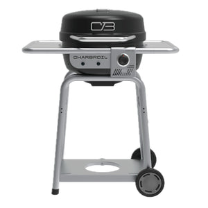 Black Char-Broil Bistro Pro electric grill with charcoal mode, silver stand, and wheels.