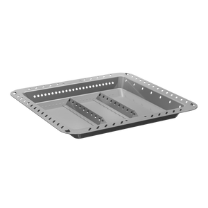 Gray plastic organizer tray with compartments and holes.